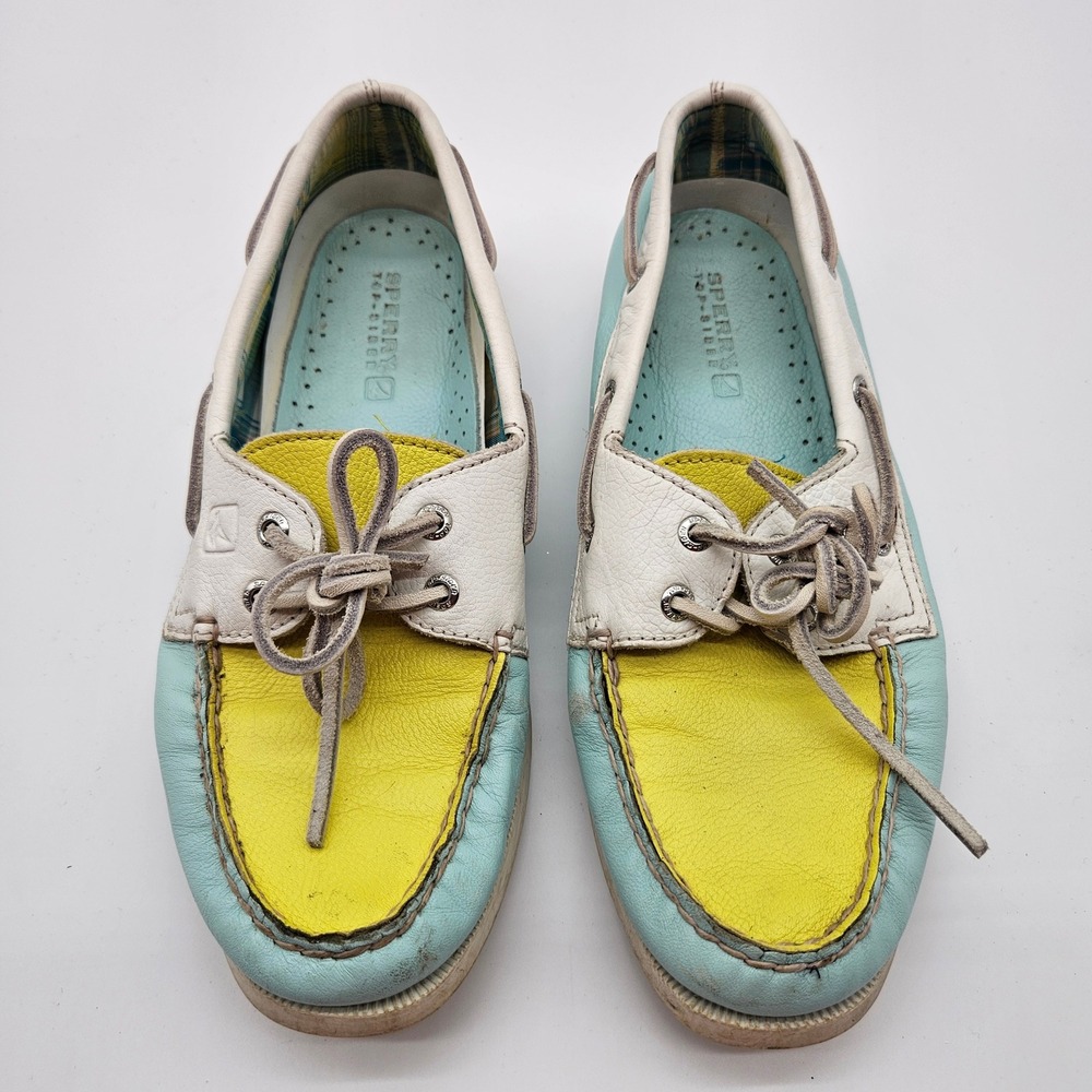 Sperry Top Sider Women's Boat Shoes Size‎ 8M Blue Yellow Leather Lace Up